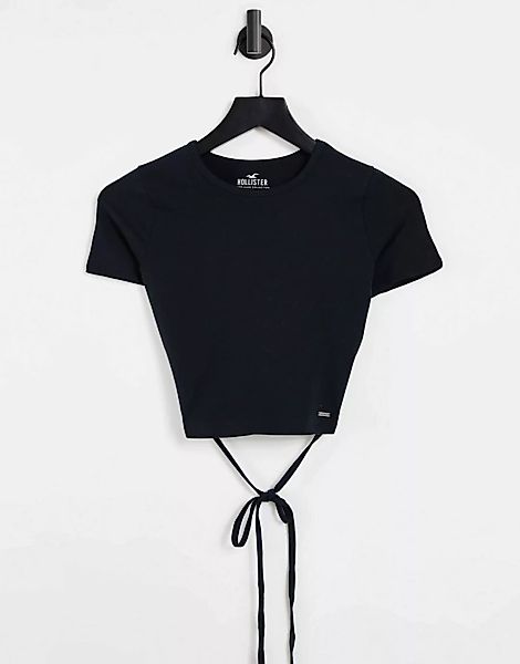 Hollister – T-Shirt mit kurzen Ärmeln und Riemchendesign in Schwarz günstig online kaufen
