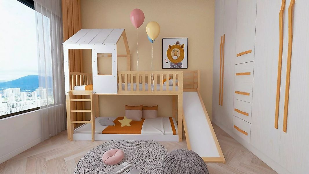 Sweiko Etagenbett (Kinderbett mit Rausfallschutz), Hausbett mit Leiter und günstig online kaufen