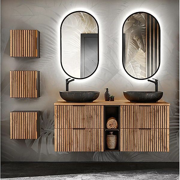 Badezimmer Set Doppelwaschtisch mit Regal, Hängeschränke, Spiegel XANTEN-56 günstig online kaufen