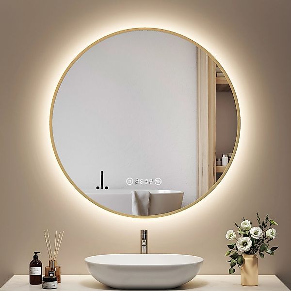 Emke Rund LED Badspiegel 80 cm Spiegel mit Beleuchtung Gebürstetem Goldrahm günstig online kaufen
