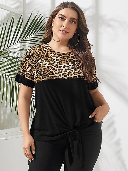 YOINS Plus Größe Rundhalsausschnitt Leopard Kurzarm T-Shirt günstig online kaufen