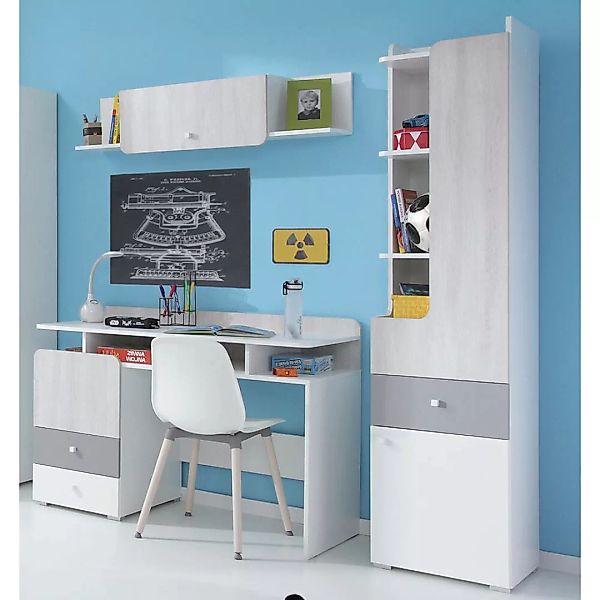 Jugendzimmer Set mit Schreibtisch weiß, Eiche hell, grau COLLINS-133, 3-tei günstig online kaufen