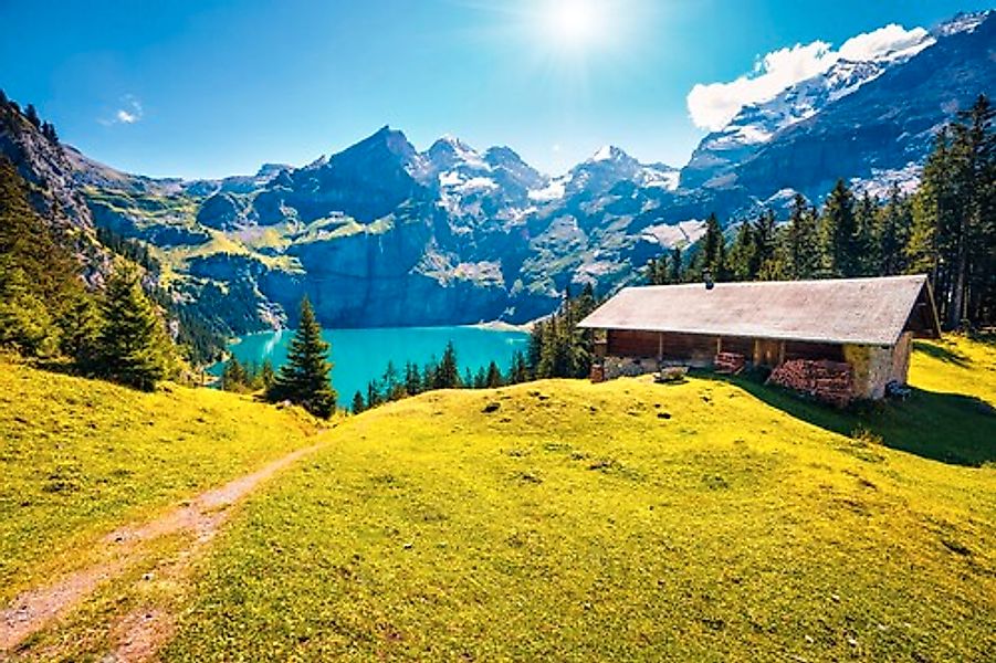 Papermoon Fototapete »ALPEN-SEE UND WIESE-SCHWEIZ« günstig online kaufen