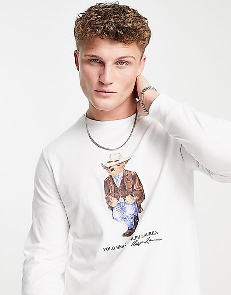 Polo Ralph Lauren – Langärmliges Oberteil in Weiß mit Cowboy-Bärenprint günstig online kaufen