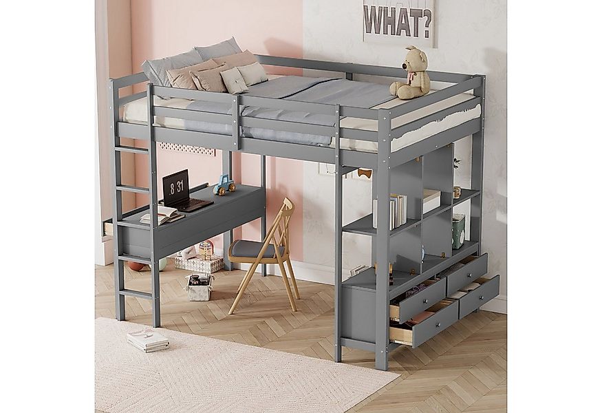 Flieks Hochbett Kiefer Kinderbett mit Schreibtisch & Stauraumregal 140x200c günstig online kaufen