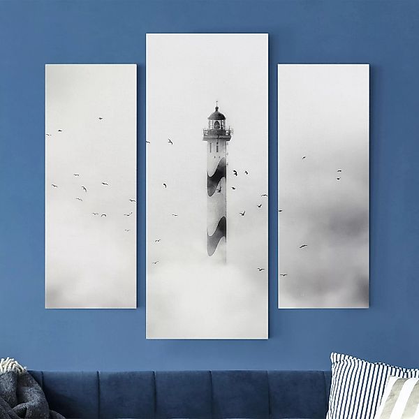 3-teiliges Leinwandbild Leuchtturm - Querformat Leuchtturm im Nebel günstig online kaufen