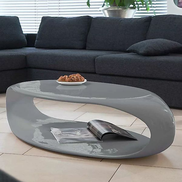 Hochglanz Couchtisch in Grau ovaler Tischplatte günstig online kaufen