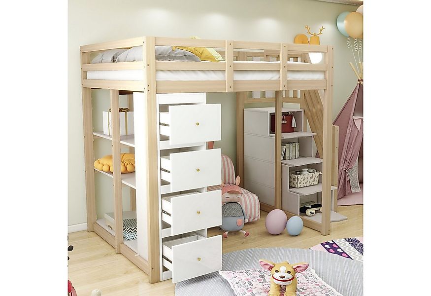HAUSS SPOLE Hochbett 140x200 mit Schublade, Regalen, Aufbewahrungstreppe Ju günstig online kaufen
