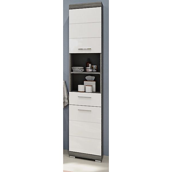 Inn.Furn Hochschrank Weiß Hochglanz Grau 37 cm 6 Fächer Shawn günstig online kaufen