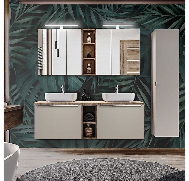 Lomadox Badmöbel-Set PUEBLA-56-TAUPE, (Spar-Set, 12-St), Eiche Doppelwascht günstig online kaufen