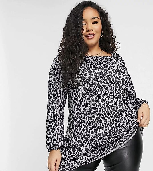 Yours – Bluse mit eckigem Ausschnitt und Leopardenmuster in Grau günstig online kaufen