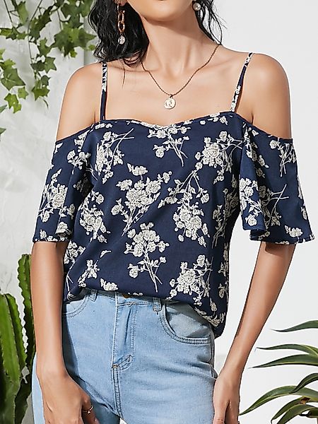 YOINS Navy Random Blumendruck Rückenfreie Bluse mit kalten Ärmeln und kurze günstig online kaufen