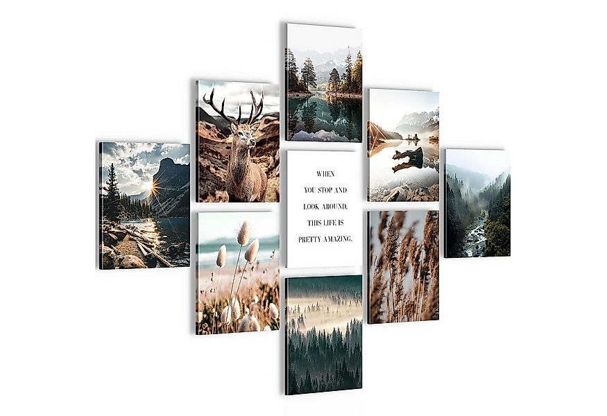 Novart Wandbild Wandbilder Set Wohnzimmer Wald Hirsch Natur Berge günstig online kaufen