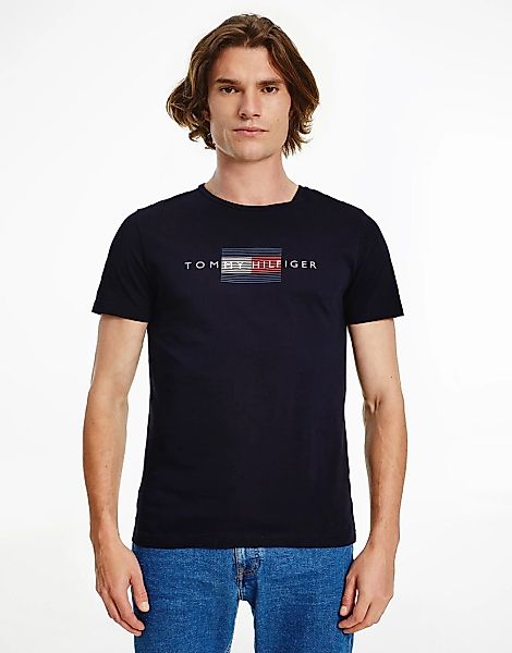 Tommy Hilfiger – T-Shirt in Marineblau mit liniertem Flaggenlogo günstig online kaufen