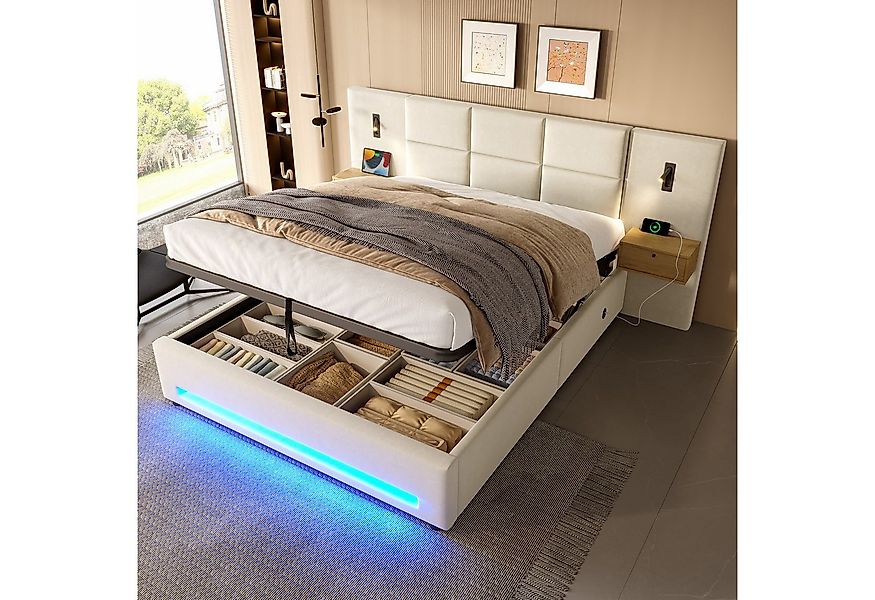 Odikalo Polsterbett 180x200 Doppelbett mit Bettkasten & LED weiss/grau (180 günstig online kaufen
