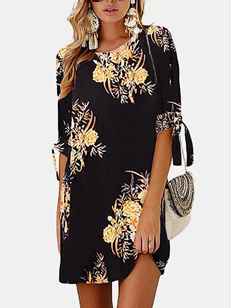 Floral bedruckte Halbarm O-Ausschnitt Botanical Mini A-Line Kleid günstig online kaufen