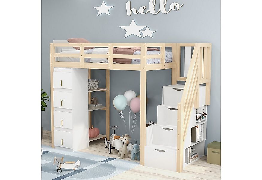 Flieks Hochbett Kinderbett 90x200cm mit Schubladekommode, Regalen und Staur günstig online kaufen