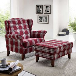 Big Sessel Karo rot im Landhausstil optional mit Fußhocker günstig online kaufen