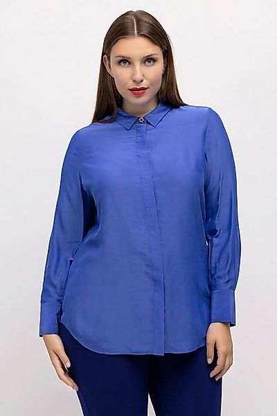 Ulla Popken Hemdbluse Bluse Seidenmix Blütenknopf Hemdkragen Langarm günstig online kaufen