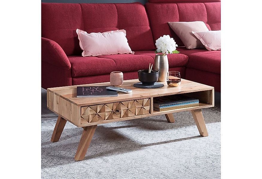 FINEBUY Couchtisch Couchtisch Akazie Massivholz 95cm Wohnzimmertisch Schubl günstig online kaufen