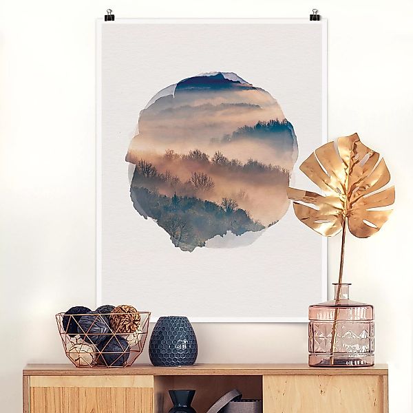 Poster Natur & Landschaft - Hochformat Wasserfarben - Nebel bei Sonnenunter günstig online kaufen