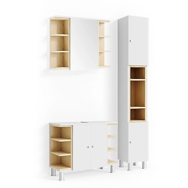 Vicco Badmöbel-Set Aquis Weiß/Sonoma 3 Teile mit Hochschrank günstig online kaufen