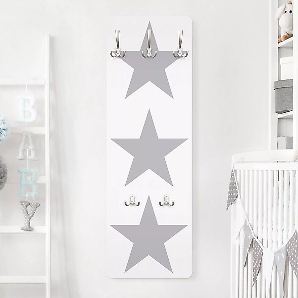 Wandgarderobe Holzpaneel Kinderzimmer Große graue Sterne auf Weiß günstig online kaufen