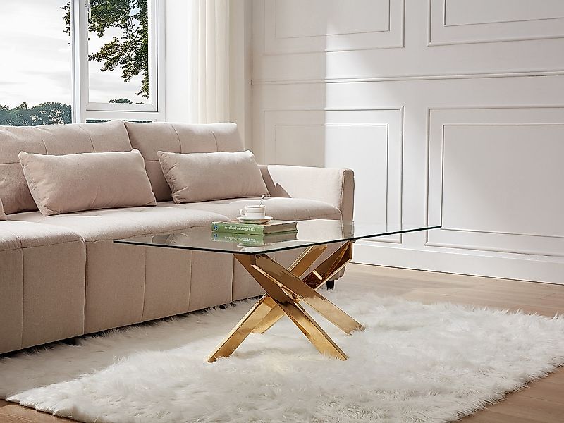 Couchtisch - Sicherheitsglas & Goldfarbenes Metall - Transparent - COSIMA günstig online kaufen