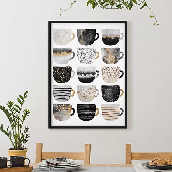 Bild mit Rahmen Küche - Hochformat Goldene Tassen Schwarz Weiß günstig online kaufen