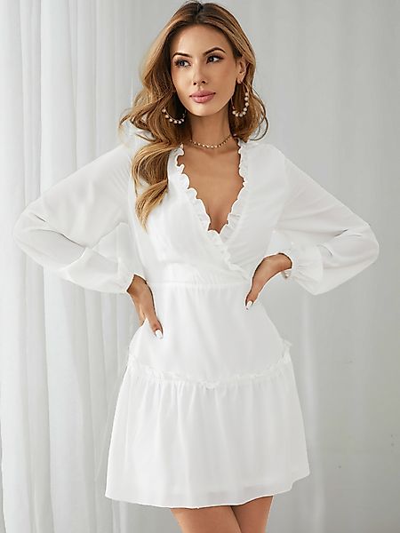 YOINS Weißer V-Ausschnitt Salatkante Lange Ärmel Mini Kleid günstig online kaufen