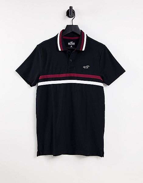Hollister – Poloshirt in Schwarz mit Markenlogo vorne & gestreiftem Kragen günstig online kaufen