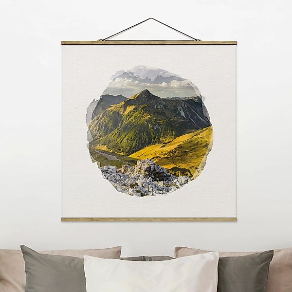 Stoffbild Berge mit Posterleisten - Quadrat Wasserfarben - Berge und Tal de günstig online kaufen