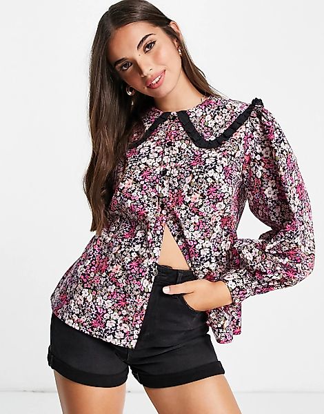 Miss Selfridge – Popeline-Hemd mit übergroßem Kragen und üppigem Blumenmust günstig online kaufen
