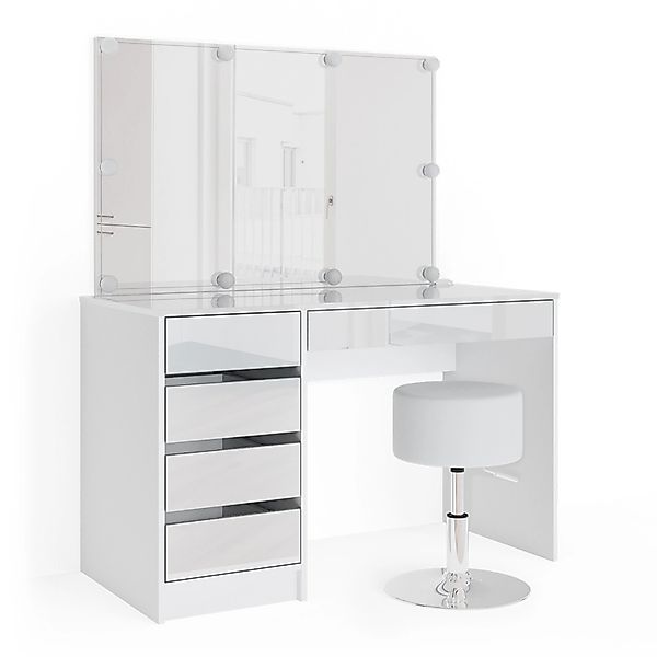 Vicco Schminktisch Sherry, Weiß, 120 cm mit LED Beleuchtung und Hocker (2-S günstig online kaufen