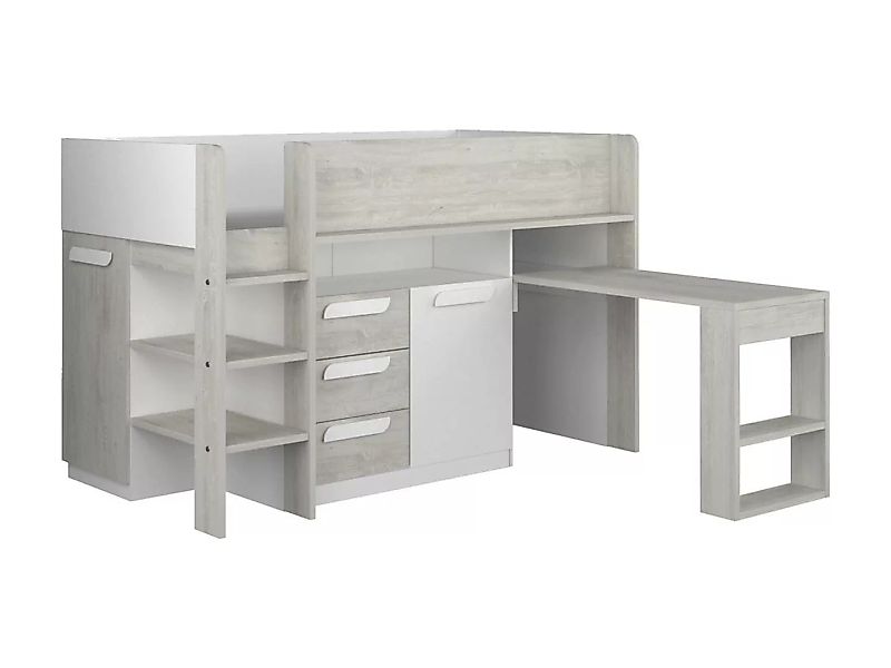 Hochbett mit Schreibtisch & Stauraum - 90 x 200 cm - Naturfarben & Weiß - L günstig online kaufen