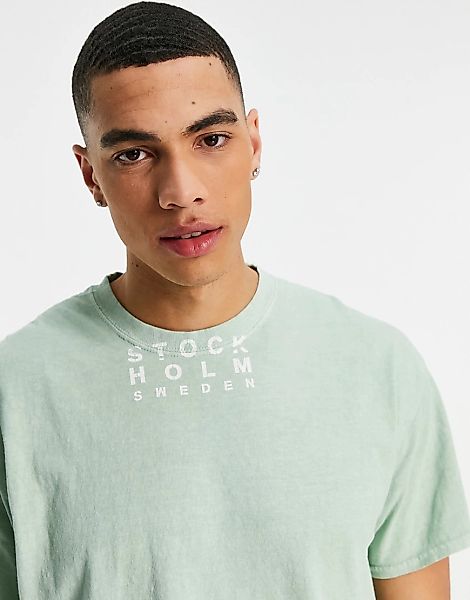Topman – Oversize-T-Shirt in Grün mit „Stockholm“-Print am Halsausschnitt günstig online kaufen