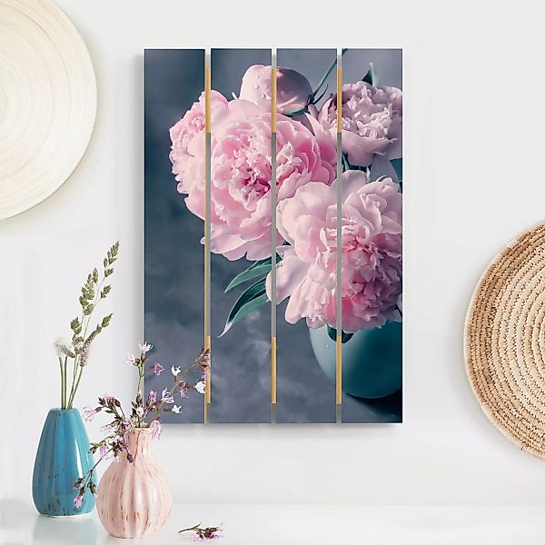 Holzbild Plankenoptik Blumen - Hochformat Vase mit Rosa Pfingstrosen Shabby günstig online kaufen