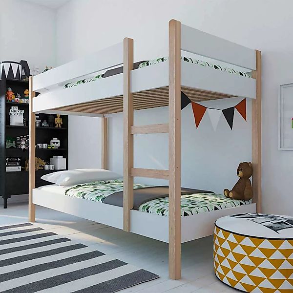 Kinderzimmer Stockbett in Weiß und Pinie Vierfußgestell aus Holz günstig online kaufen