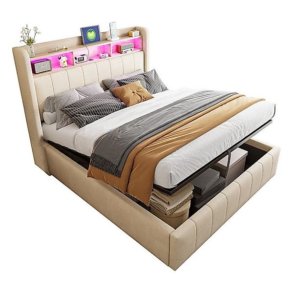 Gotagee Polsterbett LED Jugendbett 140x200cm Stauraumbett Gästebett Leinens günstig online kaufen