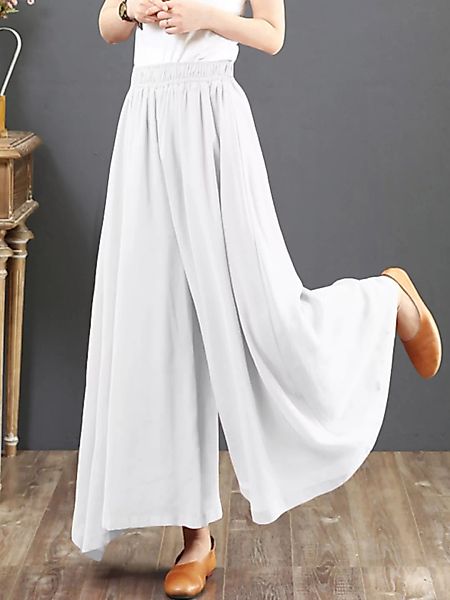 Lässige einfarbige Hose mit weitem Bein und elastischer Taille für Damen günstig online kaufen