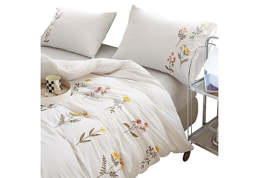 BYSURE Bettwäsche, Polyester, 3 teilig, gewaschene Baumwolle, Blumen, Stick günstig online kaufen