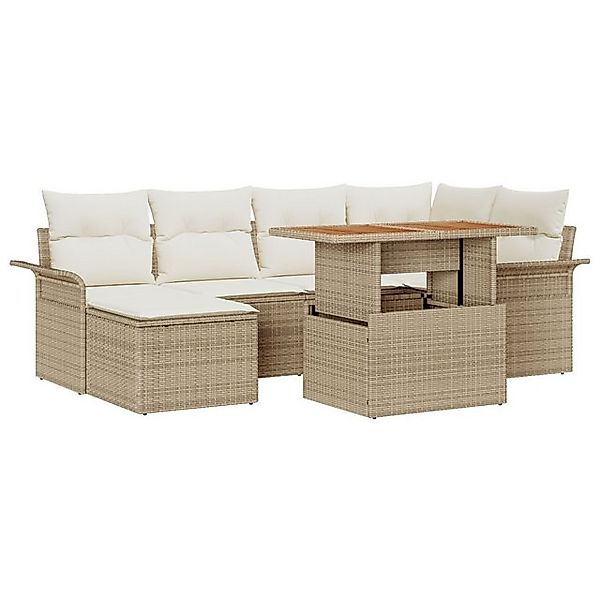 vidaXL Loungesofa 7-teiliges Garten-Esszimmer-Set mit Kissen, Beige Poly Ra günstig online kaufen