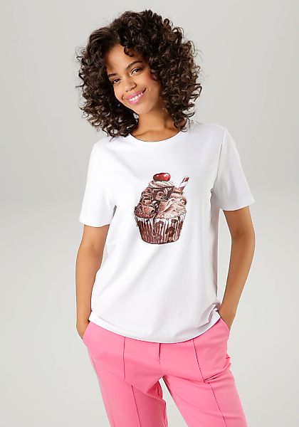 Aniston CASUAL T-Shirt, mit Glitzersteinchen verzierter Cupcake-Frontdruck günstig online kaufen