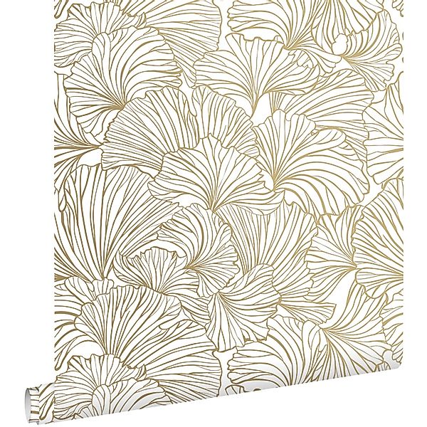 ESTAhome Tapete Ginkgoblätter Weiß und Gold 53 cm x 10.05 m günstig online kaufen