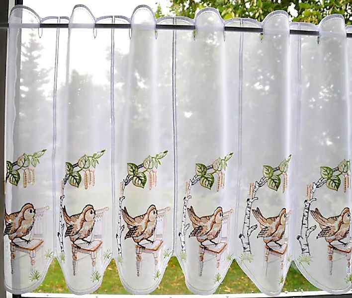 Stickereien Plauen Scheibengardine »Vöglein auf Stuhl« Stangendurchzug 1 St günstig online kaufen