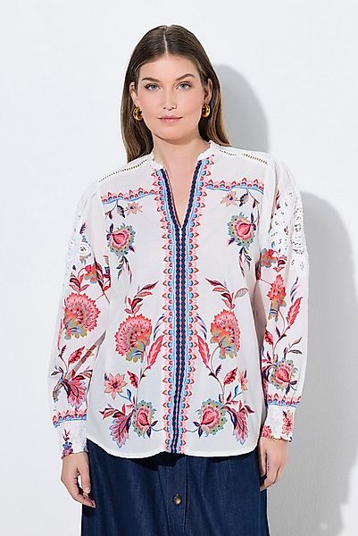 Ulla Popken Tunika Bluse Lochstickerei V-Ausschnitt Langarm günstig online kaufen