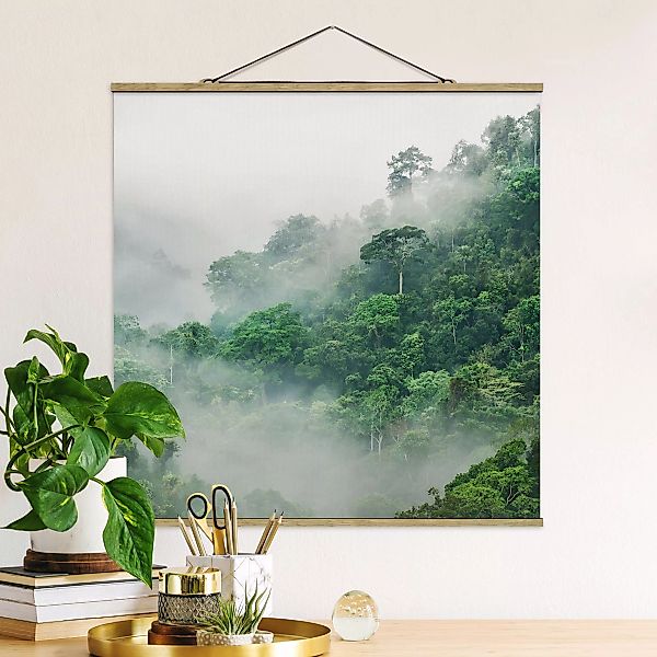 Stoffbild Wald mit Posterleisten - Quadrat Dschungel im Nebel günstig online kaufen