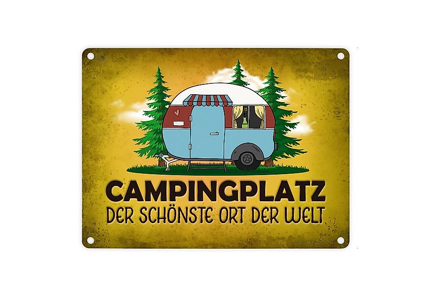 speecheese Metallschild Campingplatz Metallschild in gelb mit Wohnwagen Mot günstig online kaufen