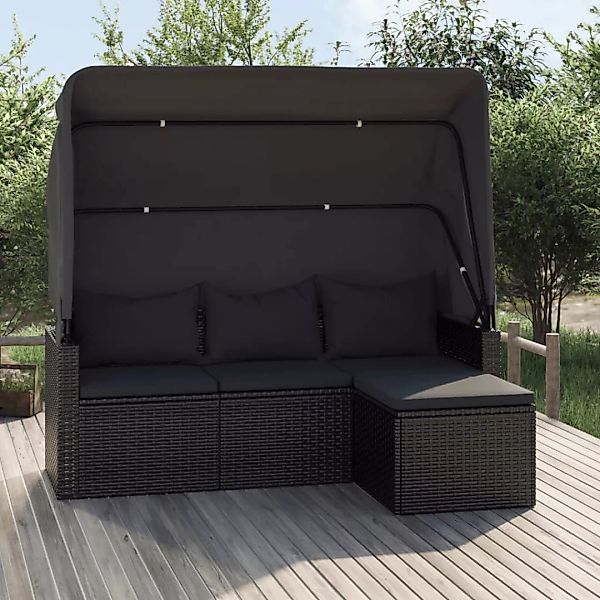 Vidaxl 3-sitzer-gartensofa Mit Dach Und Fußhocker Schwarz Poly Rattan günstig online kaufen