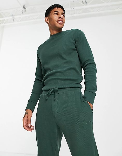 Selected Homme – Loungewear-Set mit langärmligem Shirt in Grün mit Waffelst günstig online kaufen